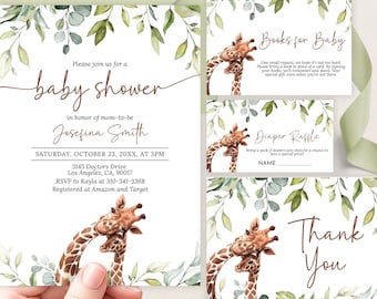 May include: A baby shower invitation featuring a watercolour illustration of two giraffes. The invitation reads "Please join us for a baby shower in honour of mom-to-be Josefina Smith. Saturday, October 23, 20XX, at 3 PM. 3145 Doctors Drive, Los Angeles, CA, 90017. RSVP to Kayla at 310-341-3368. Registered at Amazon and Target."