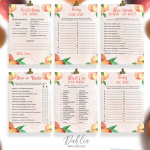 May include: Peach-themed baby shower game cards with pink and peach watercolor illustrations. The cards include games like "Baby Name Race", "Who Knows Mommy the Most?", "Over or Under", "What's in Your Purse?" and "Baby ABC Race".
