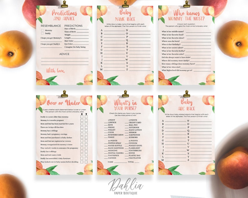 May include: Peach-themed baby shower game cards with pink and peach watercolor illustrations. The cards include games like "Baby Name Race", "Who Knows Mommy the Most?", "Over or Under", "What's in Your Purse?" and "Baby ABC Race".