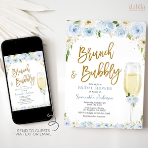 Convite para chá de panela para brunch e espumante, convite editável para chá de panela com champanhe, cartão de chá de panela azul floral, download instantâneo, BR009