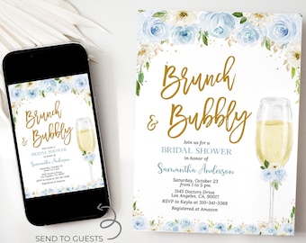 Brunch and Bubbly Bridal Shower Invitation, Editable Champagne Bridal Brunch Invite, Floral Blue Bridal Shower Card, Instant Download, BR009