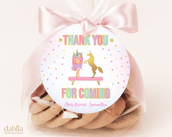 EDITABLE Thank You For Coming Round Gift Tag, Gymnastics Unicorn Party Favor, Gymnast Birthday Square Label, Magical Girl Giveaway, KP036