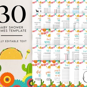 Könnte beinhalten: Eine Babyparty-Spielvorlage mit 30 Spielen, voll editierbarem Text und einer Taco-Grafik. Das Design umfasst farbenfrohe Banner, Kakteen und Maracas. Der Text enthält Spieltitel wie "Wer ist die Mama?" und "Errate das Babynahrung."