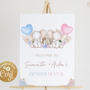Sinal de boas-vindas de revelação de gênero de elefante, decoração de festa de revelação de gênero de selva Boho, ele ou ela, modelo de menino ou menina, grama de pampas em aquarela, GR003