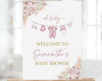 Boho Baby Shower Welcome Sign, EDITABLE Pink Baby Clothes Party Decor, Minimalist Baby Laundry Shower Banner, DIY It's A Girl Template BS203
