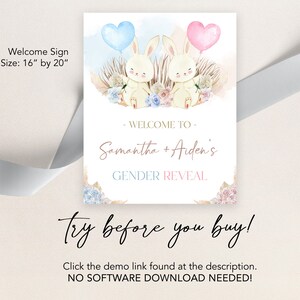 Bunny Gender Reveal Welcome Sign, Boho Rabbit Gender Reveal Party Decor, He Or She, Boy Or Girl Template, Watercolor, Pampas Grass, GR006 image 3