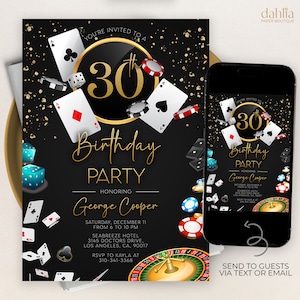 Bewerkbare casinoverjaardagsuitnodiging, 21e 30e 40e 50e pokerverjaardagsfeestje, casinonacht, pensioen casino, speelkaarten poker, AP006