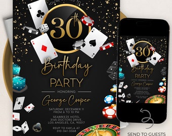 Invitación de cumpleaños de casino editable, 21 30 40 50 fiesta de cumpleaños de póquer, noche de casino, jubilación de casino, póquer de cartas, AP006