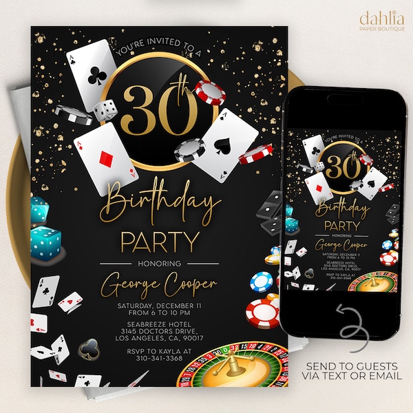 Faire-part d'anniversaire casino modifiable, 21, 30, 40, 50, anniversaire, poker, soirée casino, retraite, casino, poker, cartes, AP006