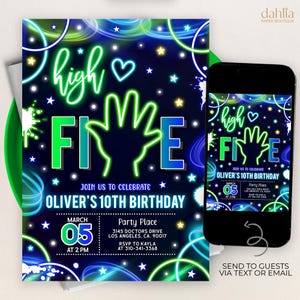 Neon High Five Geburtstagseinladung, bearbeitbare Hi Five-Einladungsvorlage, Glow Boys 5. Geburtstag, druckbare Hi 5-Einladung, sofortiger Download KP469