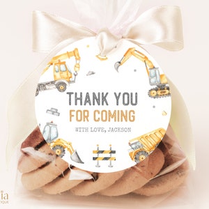 Modern Construction Birthday Thank You For Coming Gift Tag, Editable Dump Trucks Round Label, Digger, Excavator, Yellow Outdoor Favor, KP189