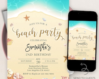 May include: A beach-themed birthday party invitation with a light blue and yellow color scheme. The invitation features a watercolor illustration of a beach scene with seashells, starfish, and ocean waves. The text on the invitation reads "Join us for a beach party celebrating Samantha's 2nd birthday." The invitation also includes the date, time, and location of the party.