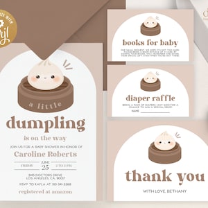 編集可能な「Little Dumpling Is On The Way」ベビーシャワー招待状セット、モダンな点心アジアンブランチパック、ユニセックスのBao Baby Sprinkle Bundle、BS171