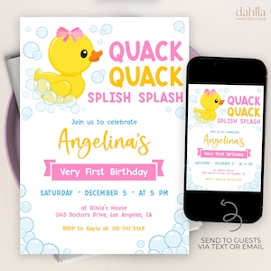 Rubber Duckie Birthday Invitation, Editable Duck Party Invitation Template, Girls First Birthday Invite, Bath Time, Instant Download KP094