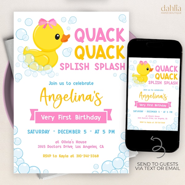 Rubber Duckie Birthday Invitation, Editable Duck Party Invitation Template, Girls First Birthday Invite, Bath Time, Instant Download KP094