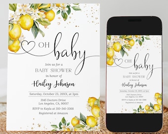 Editable Lemon Baby Shower Invitation, Lemon Baby Shower Invite, Gender Neutral Lemon Baby Shower Invite, Lemon Invitation Template, BS243