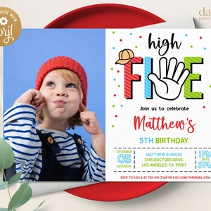 High Five Geburtstagseinladung mit Foto, bearbeitbare Hi Five Invite Vorlage, Hi 5 Party, Jungen 5. Geburtstag druckbar, Instant Download, KP131
