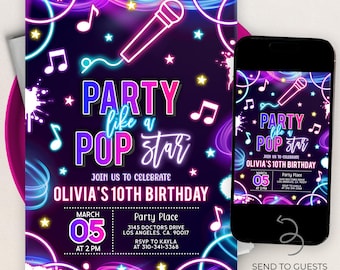 May include: A party invitation with a vibrant design. The invitation features the text "Party like a Pop Star" with musical notes and a microphone graphic. The invitation includes details for Olivia's 10th birthday, including the date, time, and location.