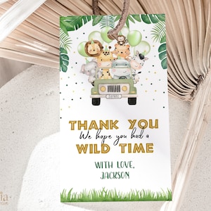 Etiqueta de presente de aniversário selvagem EDITÁVEL, obrigado por ter vindo, etiqueta de lembrancinha de festa de animais Safari, etiqueta de aniversário de safari na selva, etiqueta de presente de menino, KP084