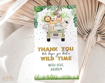 EDITABLE Wild One Birthday Thank You For Coming Gift Tag, Safari Animals Party Favor Tag, Jungle Safari Birthday Label, Boy Gift Tag, KP084