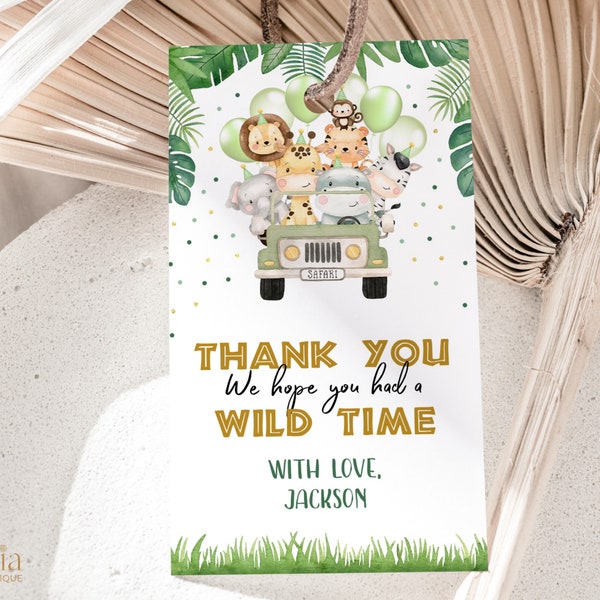 EDITABLE Wild One Birthday Thank You For Coming Gift Tag, Safari Animals Party Favor Tag, Jungle Safari Birthday Label, Boy Gift Tag, KP084