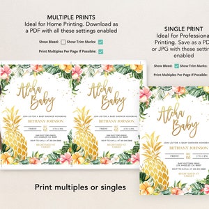 May include: Aloha Baby baby shower invitation with a tropical theme. The invitation features a pineapple, flowers, and gold lettering. The text on the invitation reads "Aloha Baby" and includes the name Bethany Johnson, the date, time, and location of the shower. The invitation also includes information about where the guest of honor is registered.
