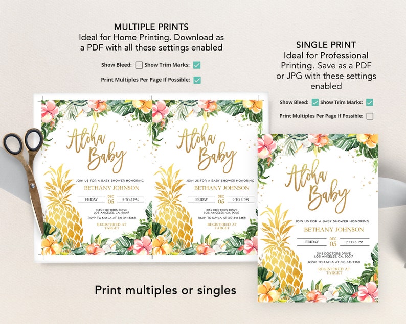 May include: Aloha Baby baby shower invitation with a tropical theme. The invitation features a pineapple, flowers, and gold lettering. The text on the invitation reads "Aloha Baby" and includes the name Bethany Johnson, the date, time, and location of the shower. The invitation also includes information about where the guest of honor is registered.