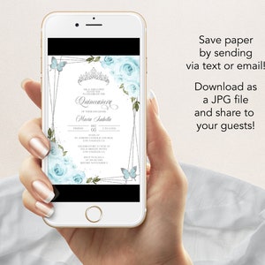 May include: A digital invitation for a Quincea&ntilde;era celebration. The invitation features a silver tiara, blue flowers, and butterflies against a silver and white background. The text on the invitation reads "Quincea&ntilde;era" and "Maria Arabella".