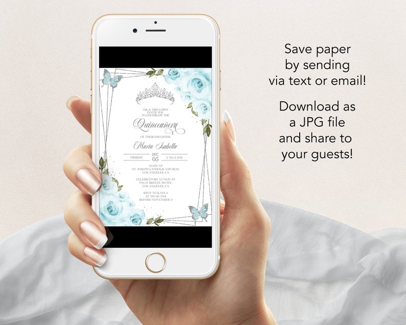 May include: A digital invitation for a Quincea&ntilde;era celebration. The invitation features a silver tiara, blue flowers, and butterflies against a silver and white background. The text on the invitation reads "Quincea&ntilde;era" and "Maria Arabella".