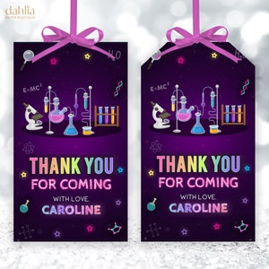 Etiqueta de presente EDITÁVEL de agradecimento, etiqueta de lembrancinha de festa Mad Science, festa de cientista, experimento de laboratório, etiqueta de presente de aniversário neon para meninas, arquivo imprimível KP292