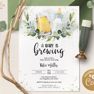 May include: A baby shower invitation with a watercolor illustration of a beer bottle and a baby bottle with green leaves. The text reads "A Baby Is Brewing" and includes details for the event, such as the date, time, and location. The invitation is personalized with the name "Coryl".