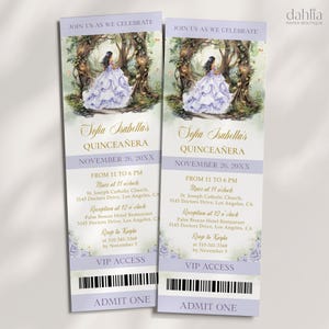 Verzauberter Wald Quinceaūra Ticket-Einladung, EDITIERBARE Flieder Lila Magische Gartenparty Mis Quince Anos, Märchenwald-Geburtstag, Q128