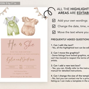 Boho Gender Reveal Invitation, Baby Clothes Gender Reveal Party Invite Template, On lub Ona, Chłopiec lub Dziewczynka, Minimalistyczny Unisex Baby Brunch GR016 zdjęcie 2