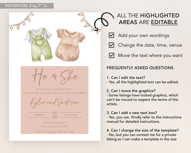 Boho Gender Reveal Invitation, Baby Clothes Gender Reveal Party Invite Template, On lub Ona, Chłopiec lub Dziewczynka, Minimalistyczny Unisex Baby Brunch GR016 zdjęcie 2