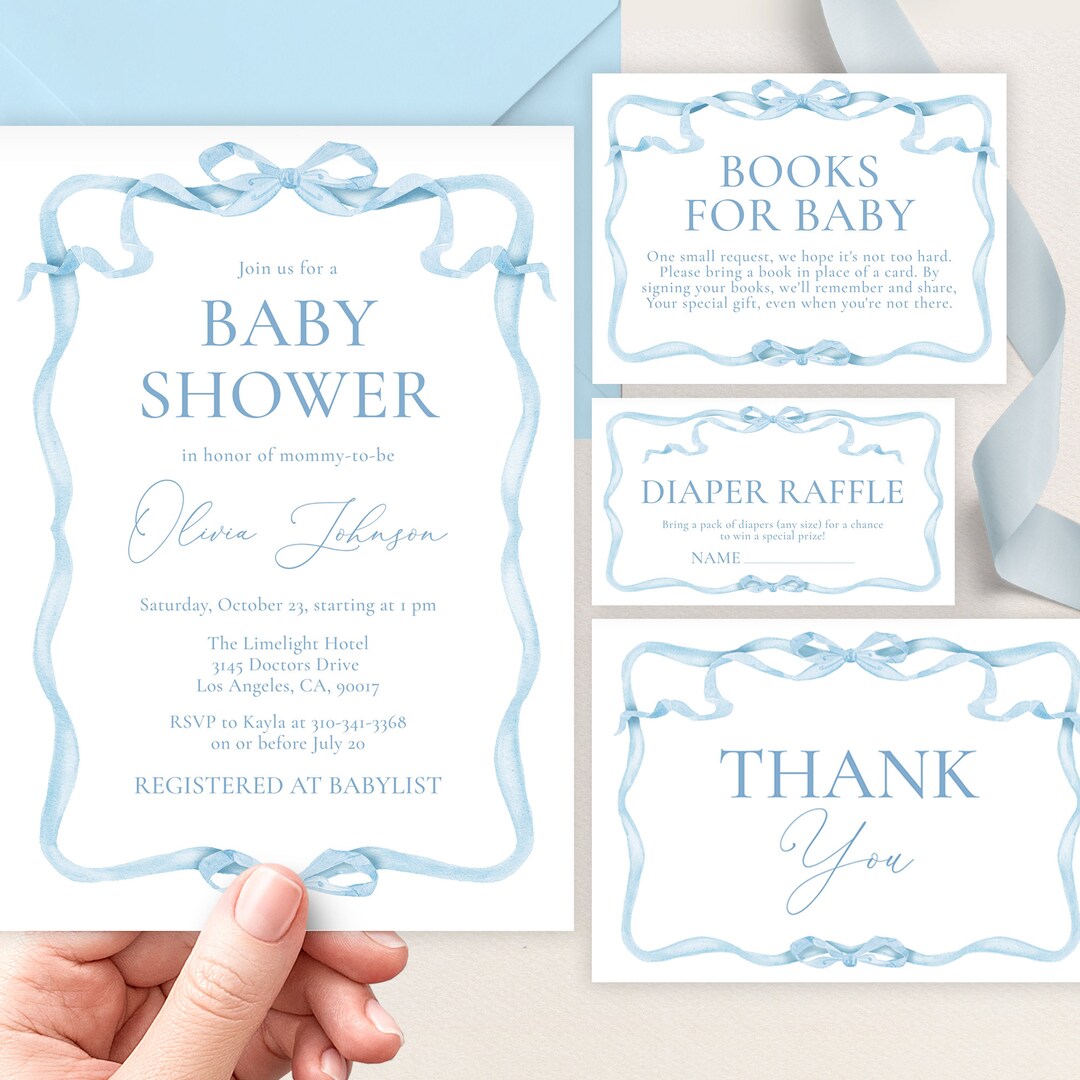Blue Bow Baby Shower Invitation Set, Editable Coquette Baby Shower