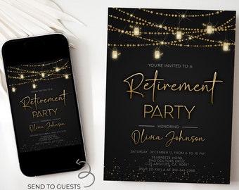 Retirement Invitation, Editable Black and Gold Retirement Invite, 30th 40th 50th Any Age, Gender Neutral Invite, Printable Download, AP016