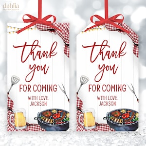 Vielen Dank für kommende Geschenkanhänger, EDITIERBARE rote Gingham Backyard Party Favor, BBQ Geburtstag Label, moderne Sommer Kochen, Grillen, KP190, BS167