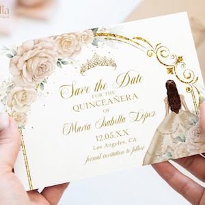 Quinceañora Save the Date Karte, Champagner Weiß und Gold Quitte Printable, Tiara Mis Quince 15 Anos Mädchen 15. Geburtstag, Sweet 16 Evite, Q036