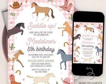 May include: A pink and white gingham patterned invitation with a white circle in the centre. The circle contains the text "Saddle up! And gallop on over to celebrate Madeline's 5th birthday". The invitation features a horse and horseshoe design. The text "November 16th, Saturday 2:00 PM to 5:00 PM Madeline's House 3145 Doctors Drive Los Angeles CA 90017 RSVP to Kayla at 123-456-7890" is also included.