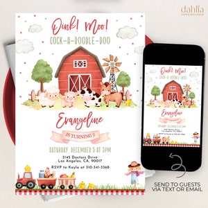 Farm Birthday Invitation, EDITABLE Barn Animals Party Template, Modern Ranch Kids Birthday, Neutral Red Barnyard Animal, Easy Download KP193