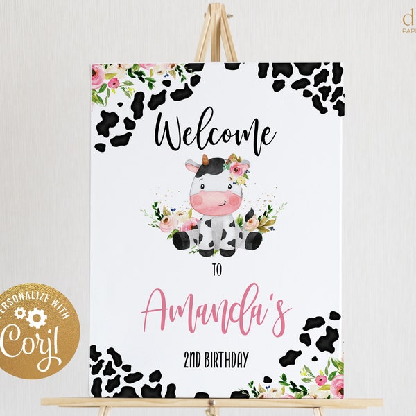 EDITABLE Holy Cow Welcome Sign, Floral Cow Print Birthday Party Decor, Printable Girl Banner, Personalized Template, Instant Download KP179