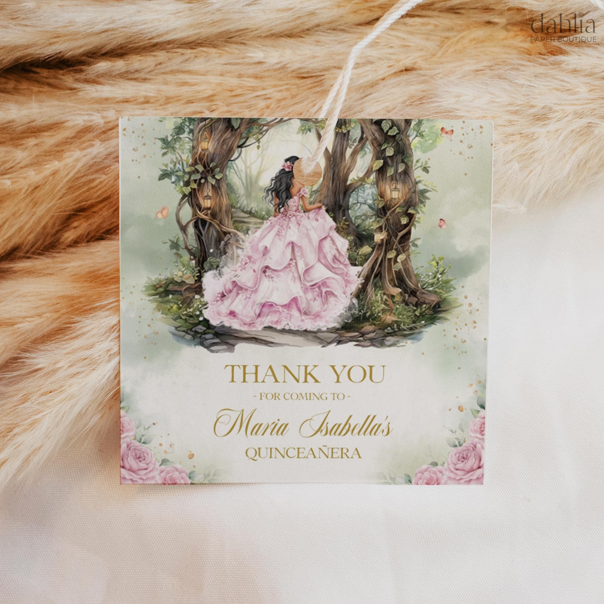 Quinceañera Thank You Gift Tag, Editable Enchanted Forest Pink 15th ...