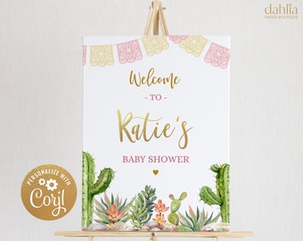 MODIFICABILE Fiesta Baby Shower Segno di benvenuto, Taco Bout a Baby Shower Modello di segno di benvenuto, Segno stampabile, Cactus messicano, Oro rosa, BS017