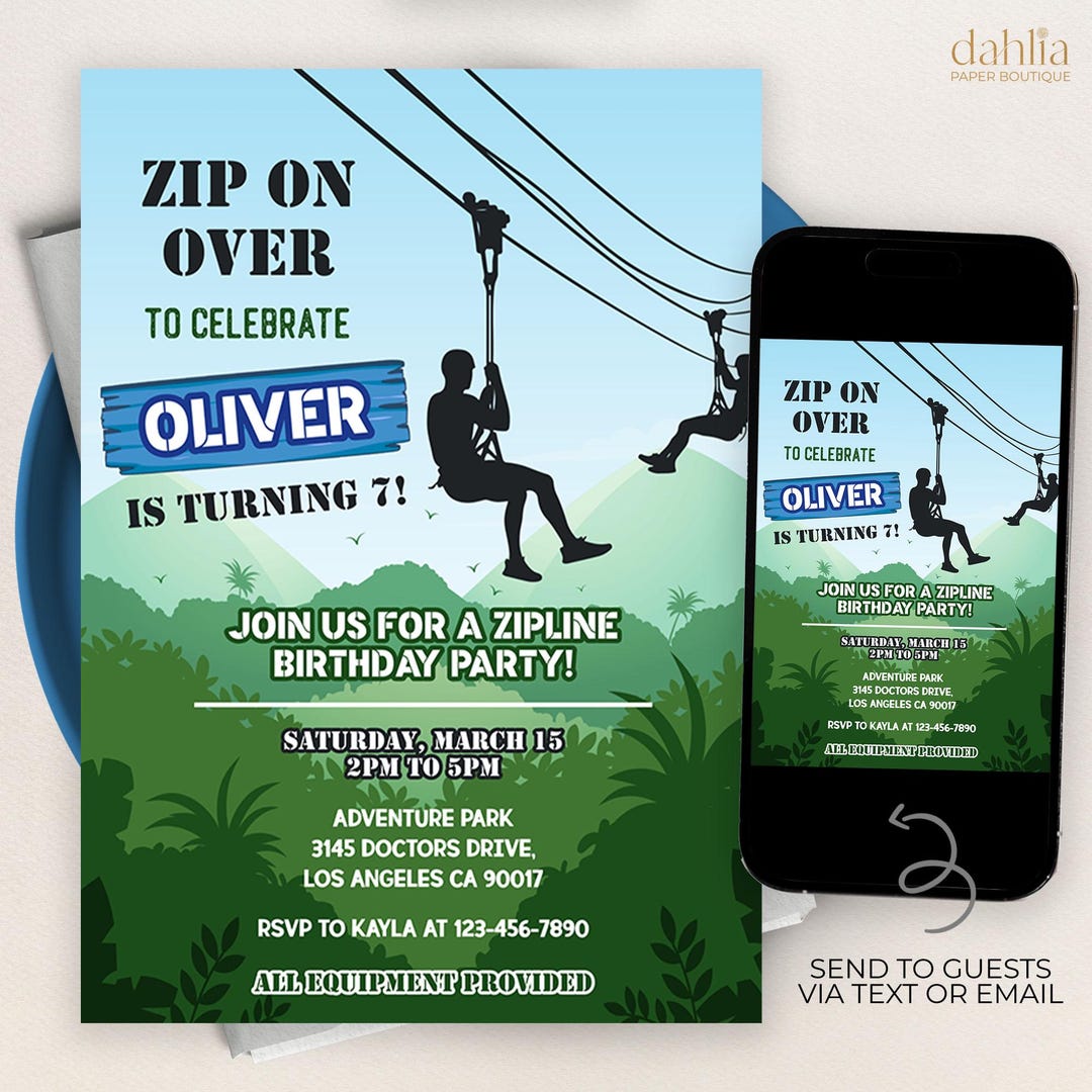 Zipline Birthday Invitation, EDITABLE Outdoor Park Party Template