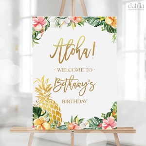 Cartello di benvenuto con ananas hawaiano, modello di invito per una festa Luau modificabile, compleanno estivo tropicale per bambini, ragazze Aloha, download istantaneo KP104