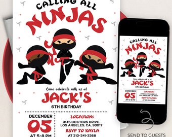 Ninja Birthday Invitation, EDITABLE Ninja Warrior Party Invitation Template, Karate Boys Birthday Invite, Lets Kick, Instant Download, KP076