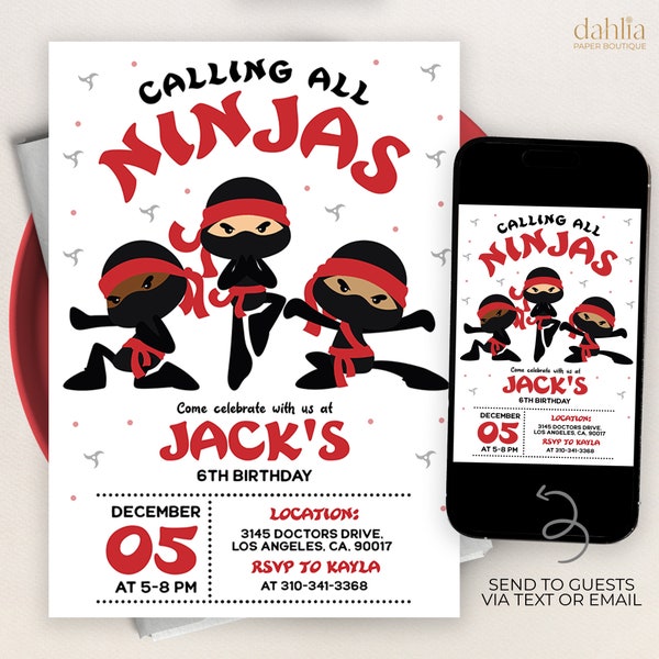 Faire-part d'anniversaire Ninja, modèle MODIFIABLE d'invitation à la fête du guerrier Ninja, invitation d'anniversaire de garçons de karaté, permet de donner un coup de pied, téléchargement immédiat, KP076