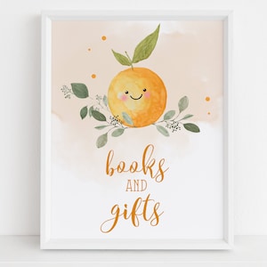 Signo EDITABLE de Libros y Regalos, Little Cutie Baby Shower, Clementine Baby Shower, Little Cutie está en camino, Naranja, Signo Personalizable BS032