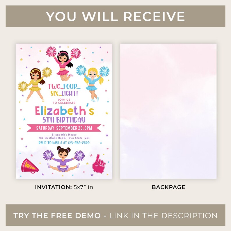 May include: A printable 5x7 inch invitation for a 5th birthday party. The invitation features a pink, purple, and blue watercolor background with a cheerleading theme. The text on the invitation reads "Two...Four...Six...Eight! Join us to celebrate Elizabeth's 5th Birthday. Saturday, September 23, 3PM. Elizabeth's House 785 Westlake Road, Town State 1234. RSVP to Kayla at 123-456-7890."