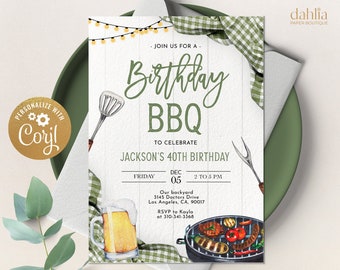 BBQ Birthday Invitation, EDITABLE Green Gingham Backyard Party Template, Outdoor Barbecue Grill Invite, Printable Adult Summer Cookout KP190